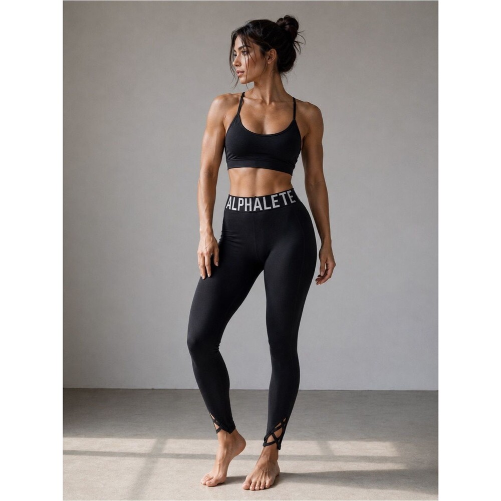 Alphalete Black Logo Waistband Strappy Ankle Leggings Small